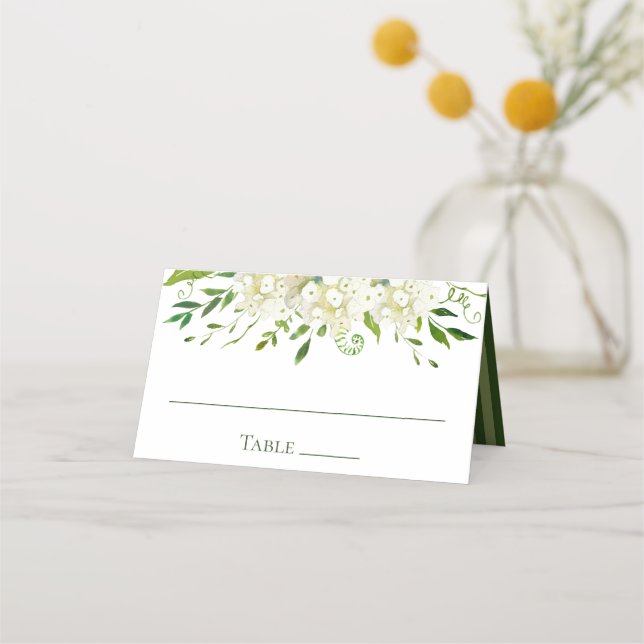 White Hydrangeas Floral Watercolor Wedding Place Card (Front)