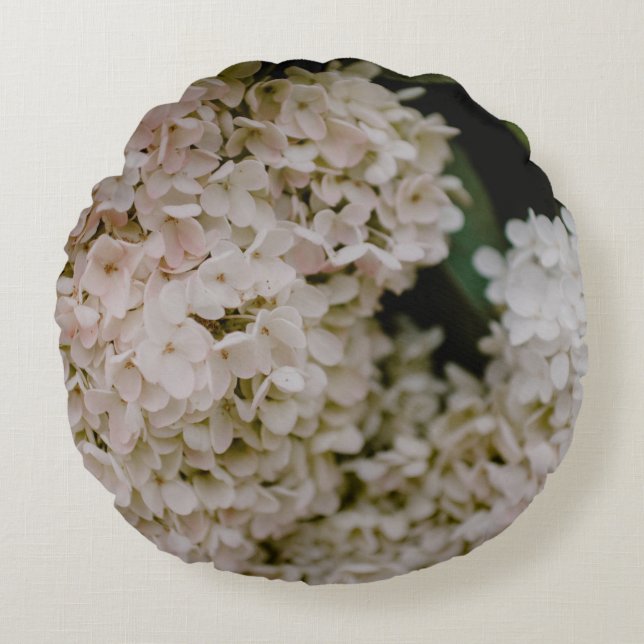 WHITE HYDRANGEAS IN BLOOM ROUND PILLOW (Front)
