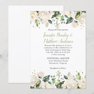 White Hydrangeas Roses Greenery Wedding Invitation