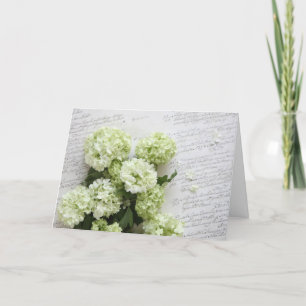 white hydrangeas with script writing greeting card