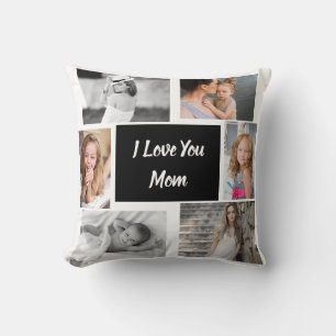 White I Love You Mom Family Photo Collage Throw Pillow
