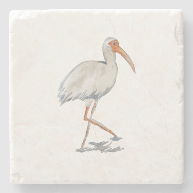 White Ibis Painting Coastal Decor Stone Coaster (Front)