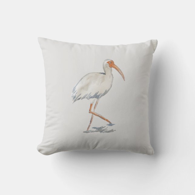 White Ibis Tropical Painting Neutral Pillow (Front)