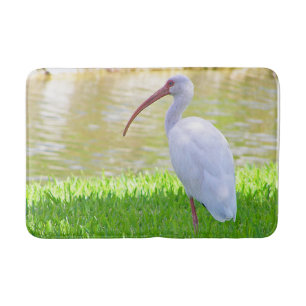 White Ibis Water Bird On One Leg In Grass Photo Bath Mat