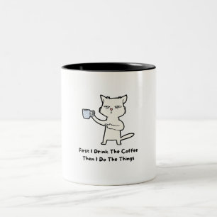 White Illustrated Cat First Two-Tone Coffee Mug