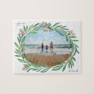 White Illustrated Leaf Wreath Photo Frame Jigsaw Puzzle