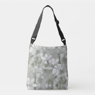 White Impressionist Botanical Art with Name  Crossbody Bag