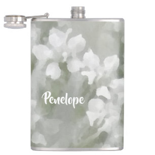 White Impressionist Botanical Art with Name Hip Flask