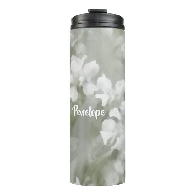 White Impressionist Botanical Art with Name Thermal Tumbler (Front)