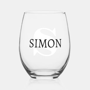 White Initial and Black Name Modern Stemless Wine Glass