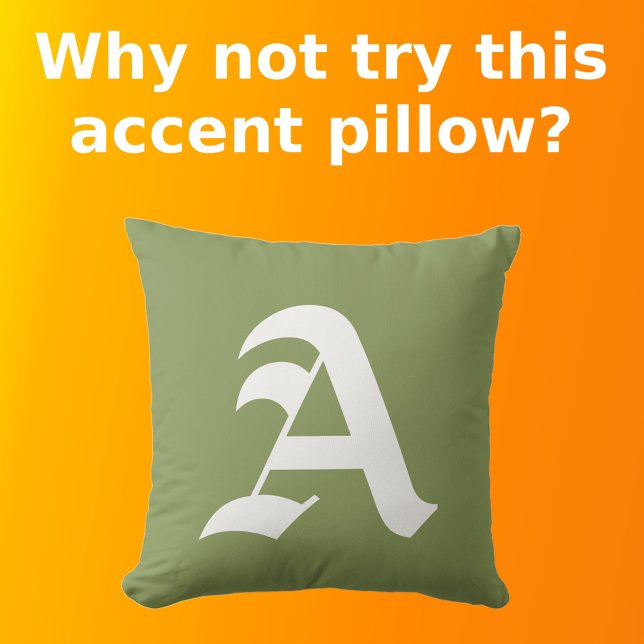 White Initial Monogram on Olive Green Minimalist Throw Pillow (Front with Background)