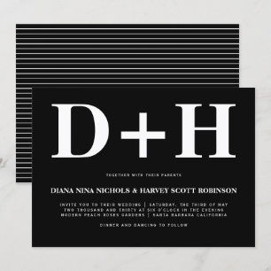 White initials bold typography black wedding invitation
