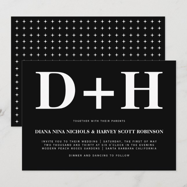 White initials bold typography black wedding invitation (Front/Back)