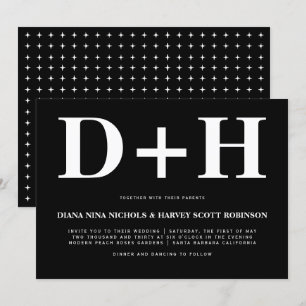 White initials bold typography black wedding invitation