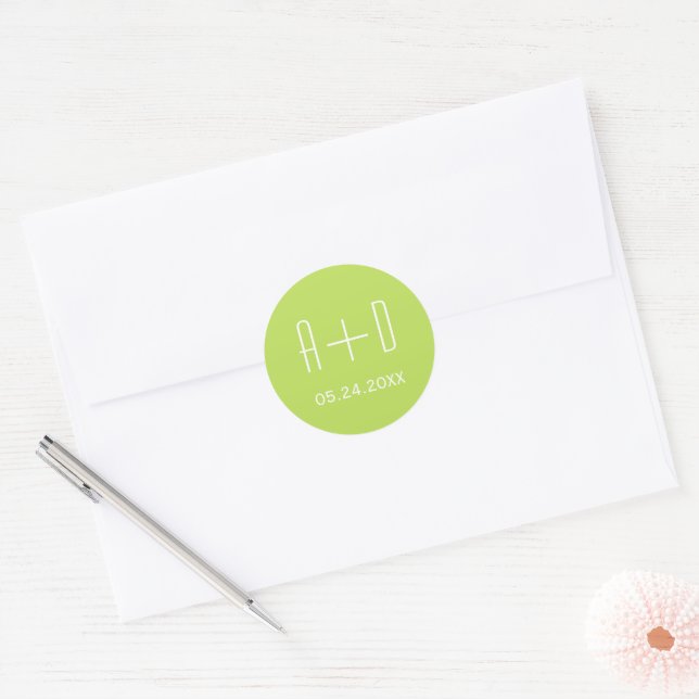 White initials, light green simple elegant wedding classic round sticker (Envelope)