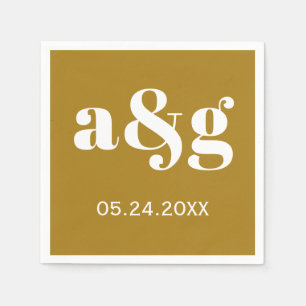 White initials typography on golden brown wedding napkin