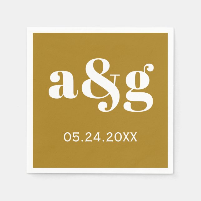 White initials typography on golden brown wedding napkin (Front)