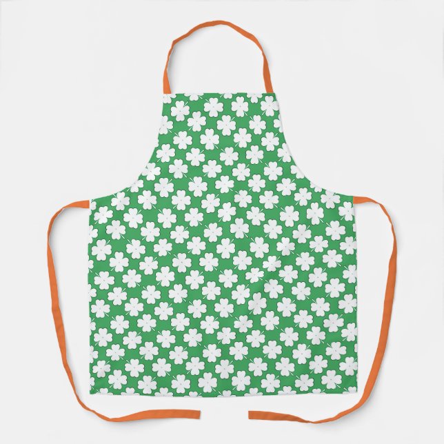 White Irish Shamrock Pattern on Light Green Apron (Front)