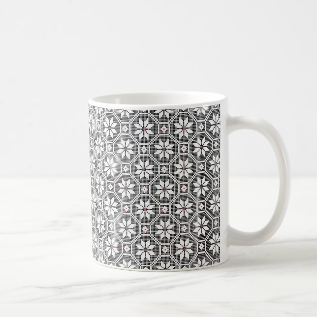 White isolated lace texture on black background coffee mug (Right)