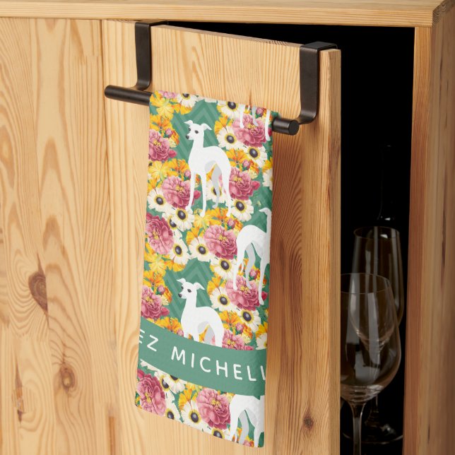 White Italian Greyhounds or Whippets Floral Kitchen Towel (Thirds Fold)