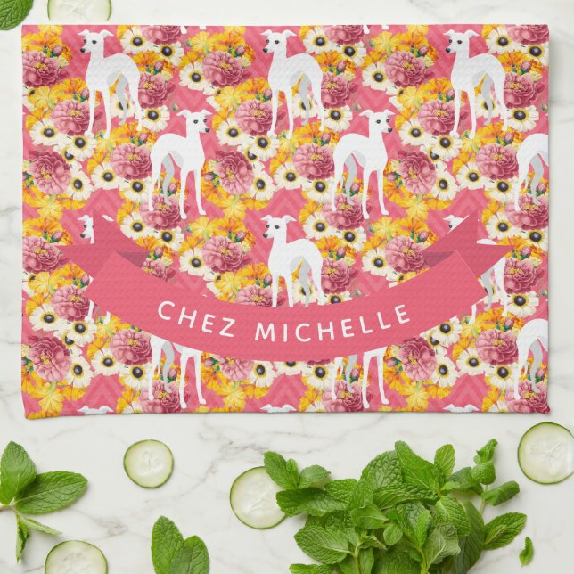 White Italian Greyhounds or Whippets Pink Floral Kitchen Towel (Folded)