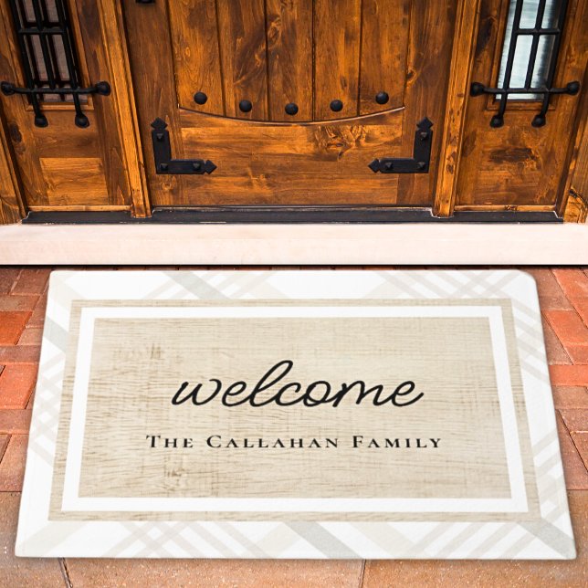 White & Ivory Beige Plaid Personalized Welcome Doormat (Creator Uploaded)