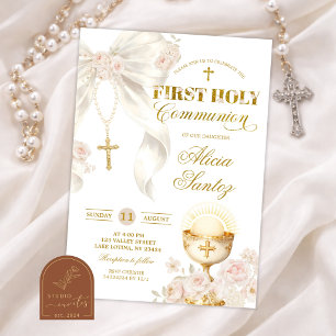 White Ivory Bow Coquette Rosary 1st holy communion Invitation