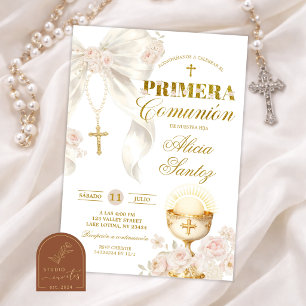 White Ivory Bow Coquette Rosary Primera Comunion Invitation