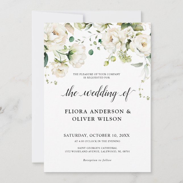 White Ivory Cream Roses Floral Botanical Wedding   Invitation (Front)