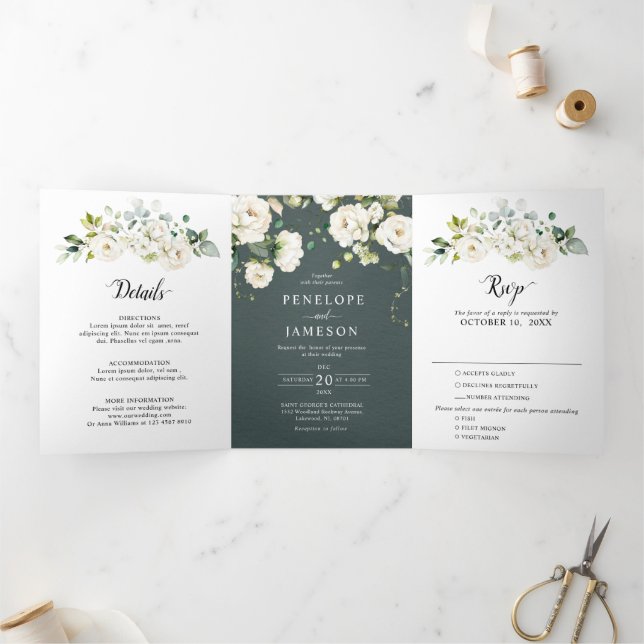 White Ivory Cream Roses Floral Botanical Wedding T Tri-Fold Programme (Inside)