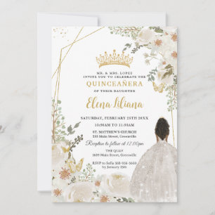 White Ivory Floral Brown Princess Gold Quinceanera Invitation