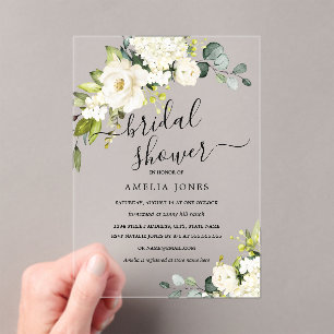 White Ivory Floral Elegant Bridal Shower Acrylic Invitations