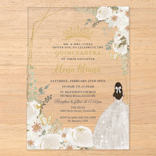 White Ivory Floral Princess Gold Quinceanera 15 XV Acrylic Invitations (Front)