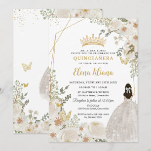 White Ivory Floral Princess Gold Quinceanera 15 XV Invitation