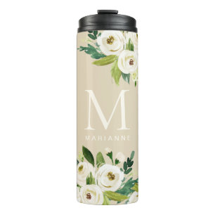 White Ivory Flowers Monogram Custom Colour Quote Thermal Tumbler