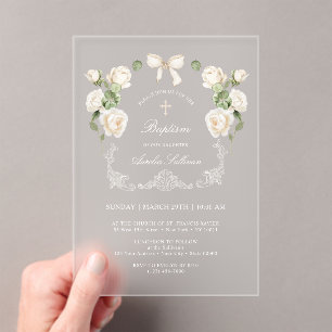 White Ivory Roses Frame Baptism Acrylic Invitations