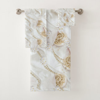 White-Ivory Silk & Ivory Champaign Pearls Bath Towel Set