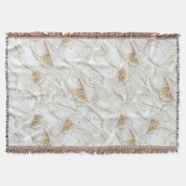 White Ivory Silk & Ivory Champaign Pearls Throw Blanket (Front)
