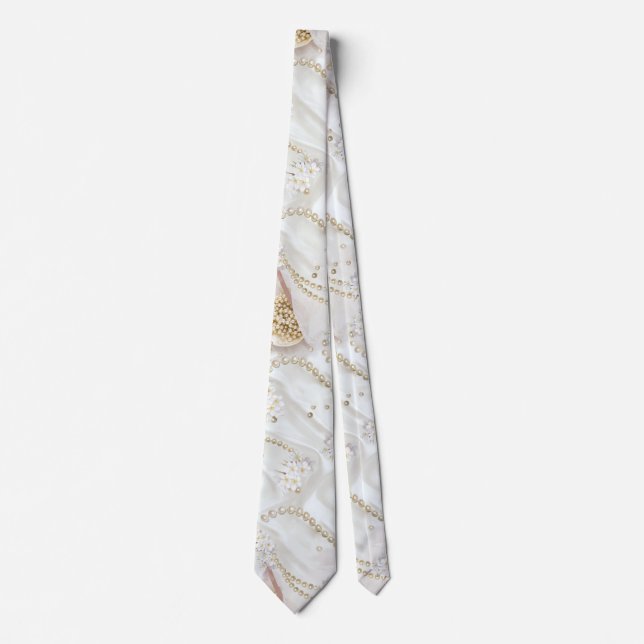 White-Ivory Silk & Ivory Champaign Pearls Tie (Front)