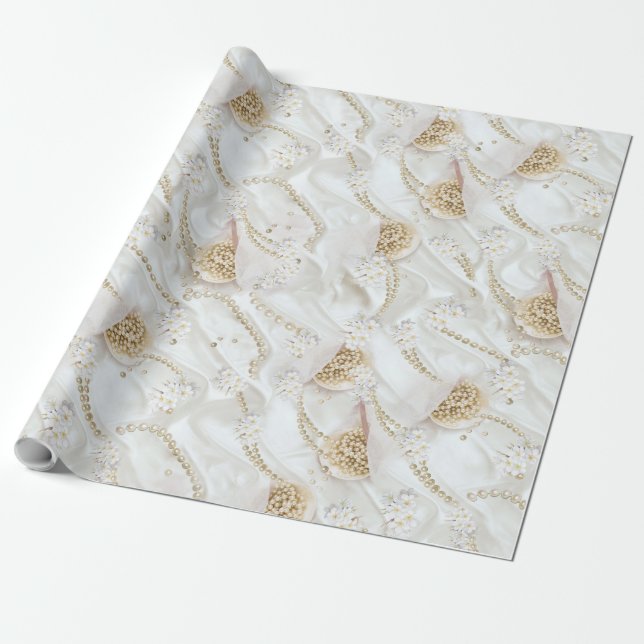 White-Ivory Silk & Ivory Champaign Pearls Wrapping Paper (Unrolled)