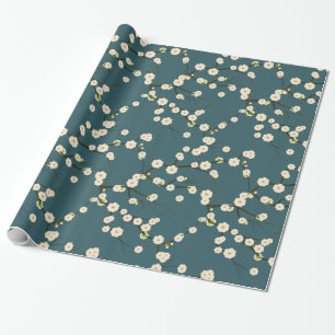 White Japanese Cherry Blossoms on Forest Green Wrapping Paper