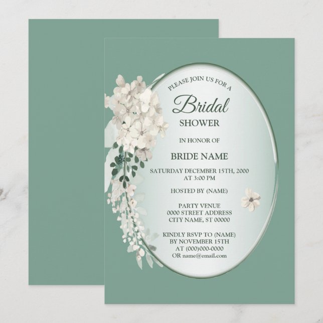 White Jasmine Floral Green Geometric Bridal Shower Invitation (Front/Back)