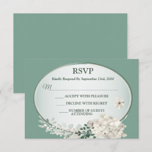 White Jasmine Floral Green Geometric Wedding Party RSVP Card