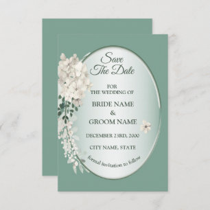 White Jasmine Floral Green Geometric Wedding Save The Date