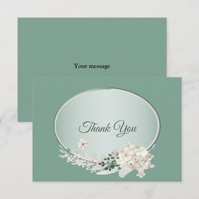 White Jasmine Floral Green Geometric Wedding Thank You Card (Front/Back)