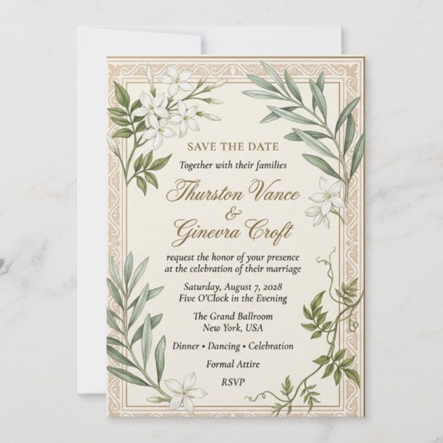 White Jasmine, Olive Branches, Ornate Scroll Borde Invitation (Front)