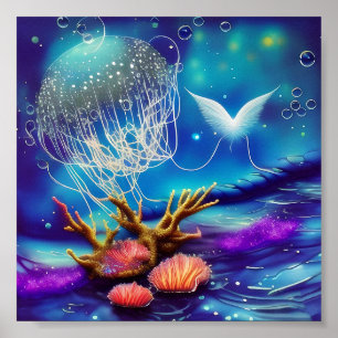 White Jelly fish in the sea Poster