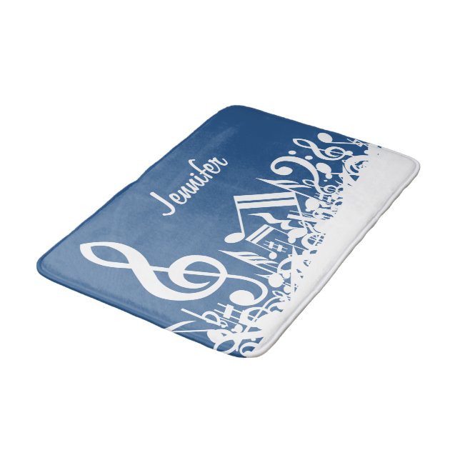 White jumbled musical notes and a large treble cle bath mat (Angled)