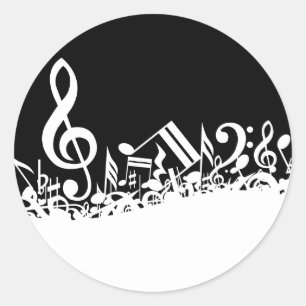 White Jumbled Musical Notes on Black Classic Round Sticker