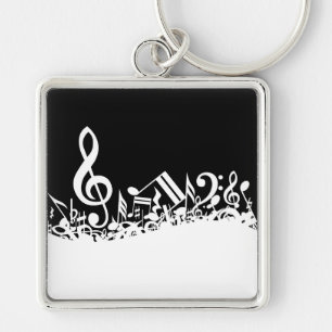 White Jumbled Musical Notes on Black Keychain